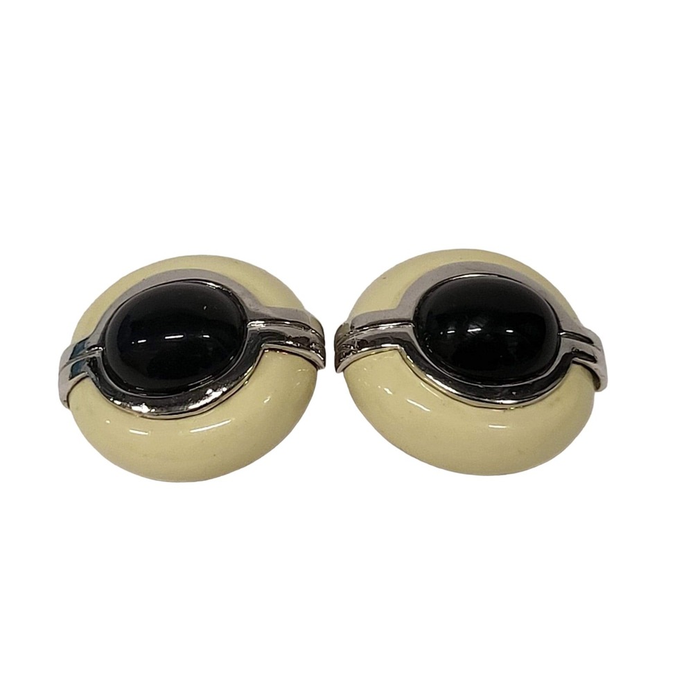 Vintage CINER SilverTone Enamel Black Stone Clip On Earrings SIGNED RARE - Picture 3 of 7